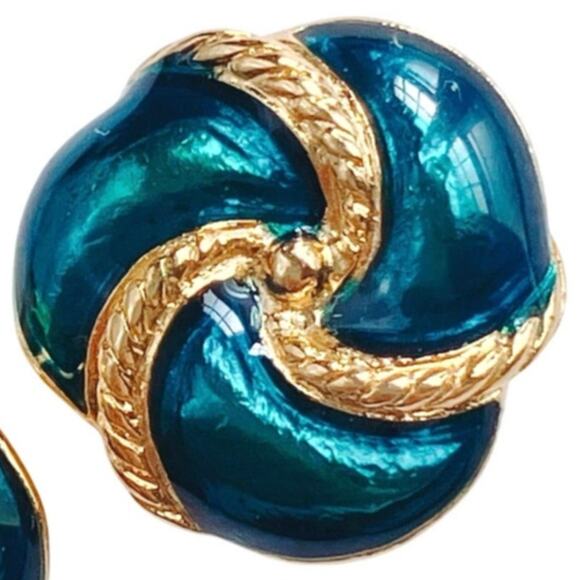 Vintage Signed Earrings Trifari Peacock Blue Enamel Gold Tone Knot Stud Posts - Picture 10 of 10
